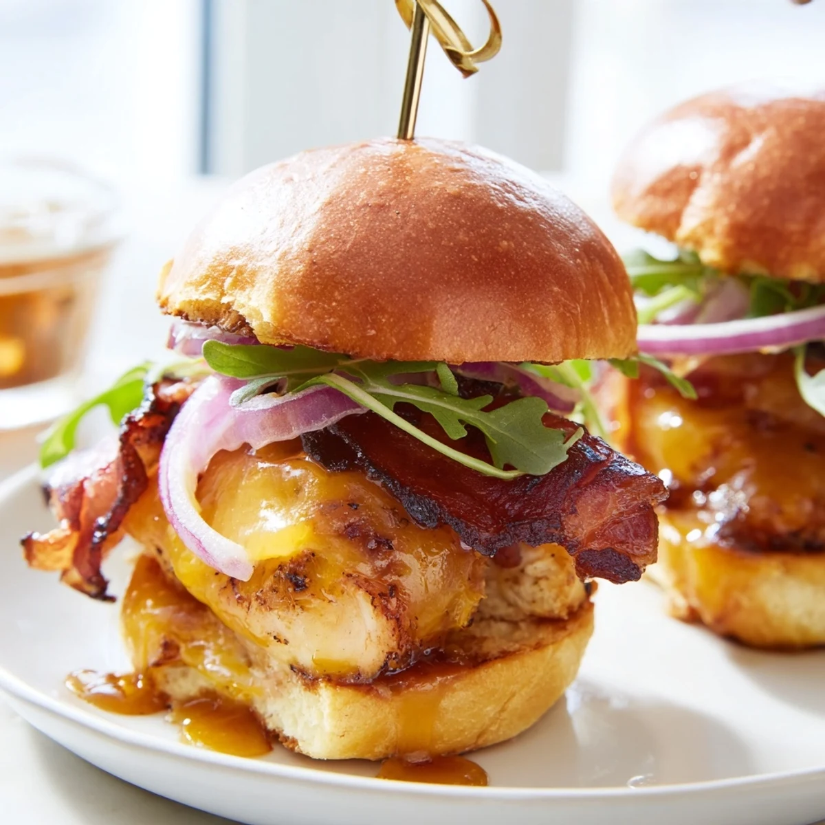 Golden maple chicken bacon sliders stacked on toasted brioche buns with melted cheddar cheese