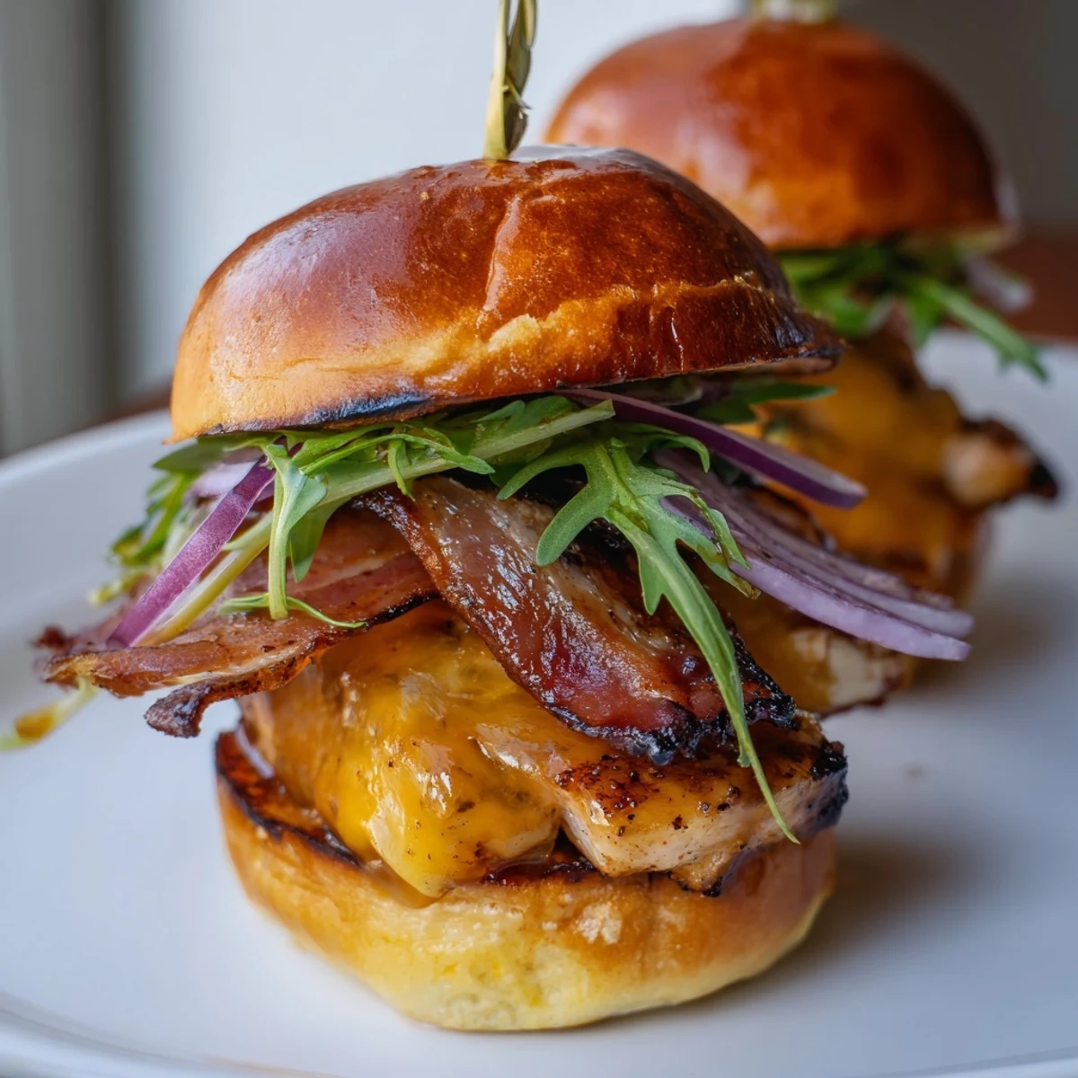 Crispy bacon and caramelized maple chicken tucked inside warm mini buns with fresh arugula