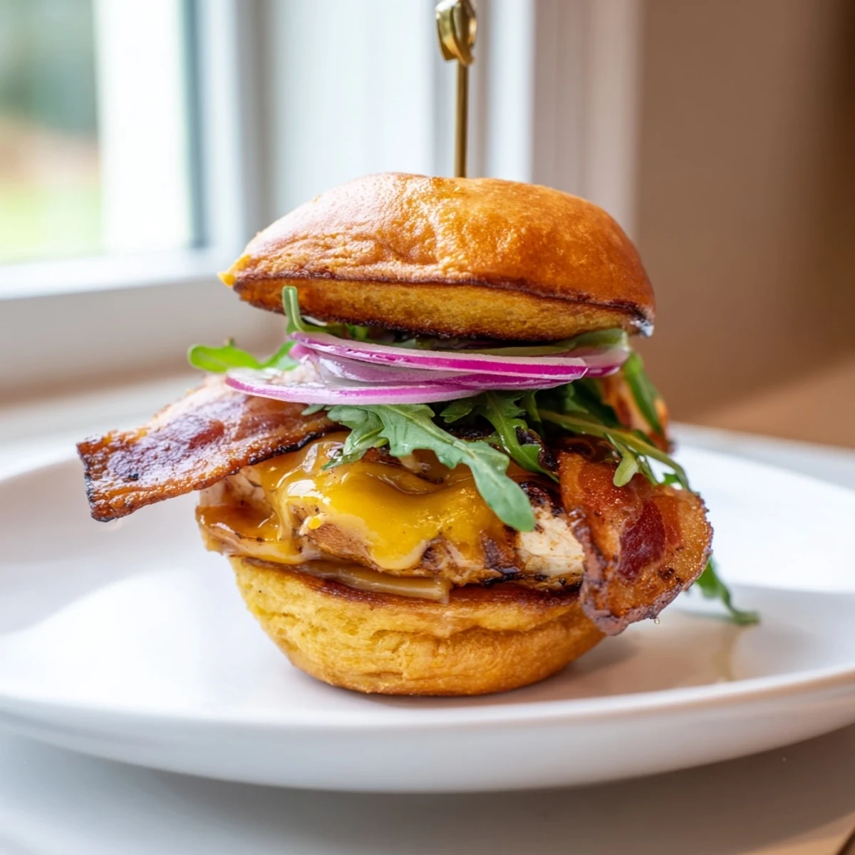Juicy maple-glazed chicken topped with crunchy bacon and gooey cheese on buttery slider rolls