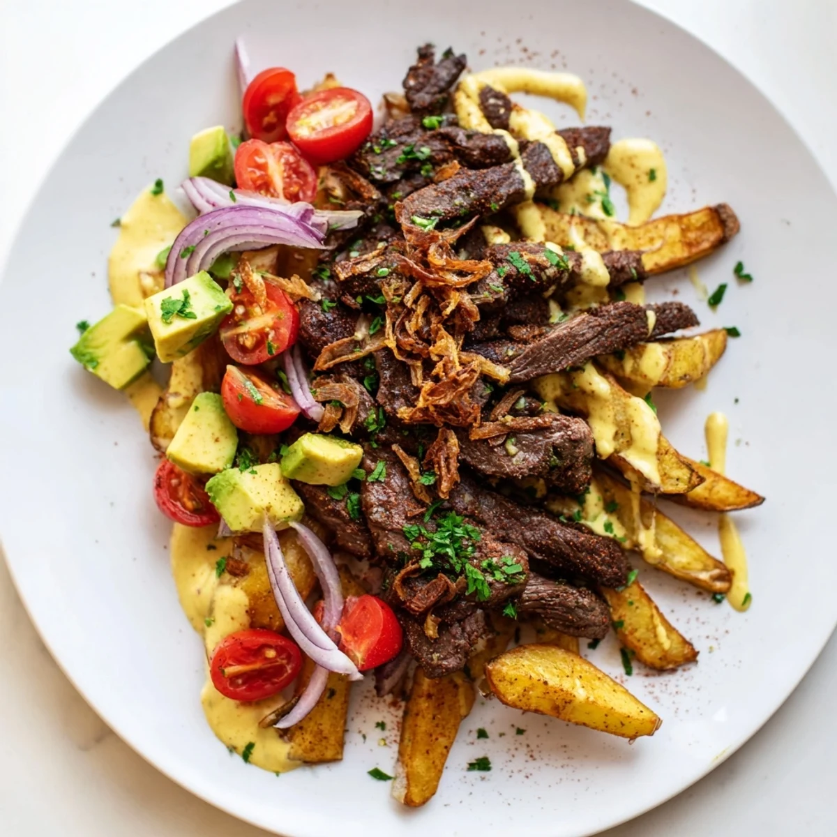 Hearty steak strips crispy fries bowl loaded with avocado and fresh vegetables