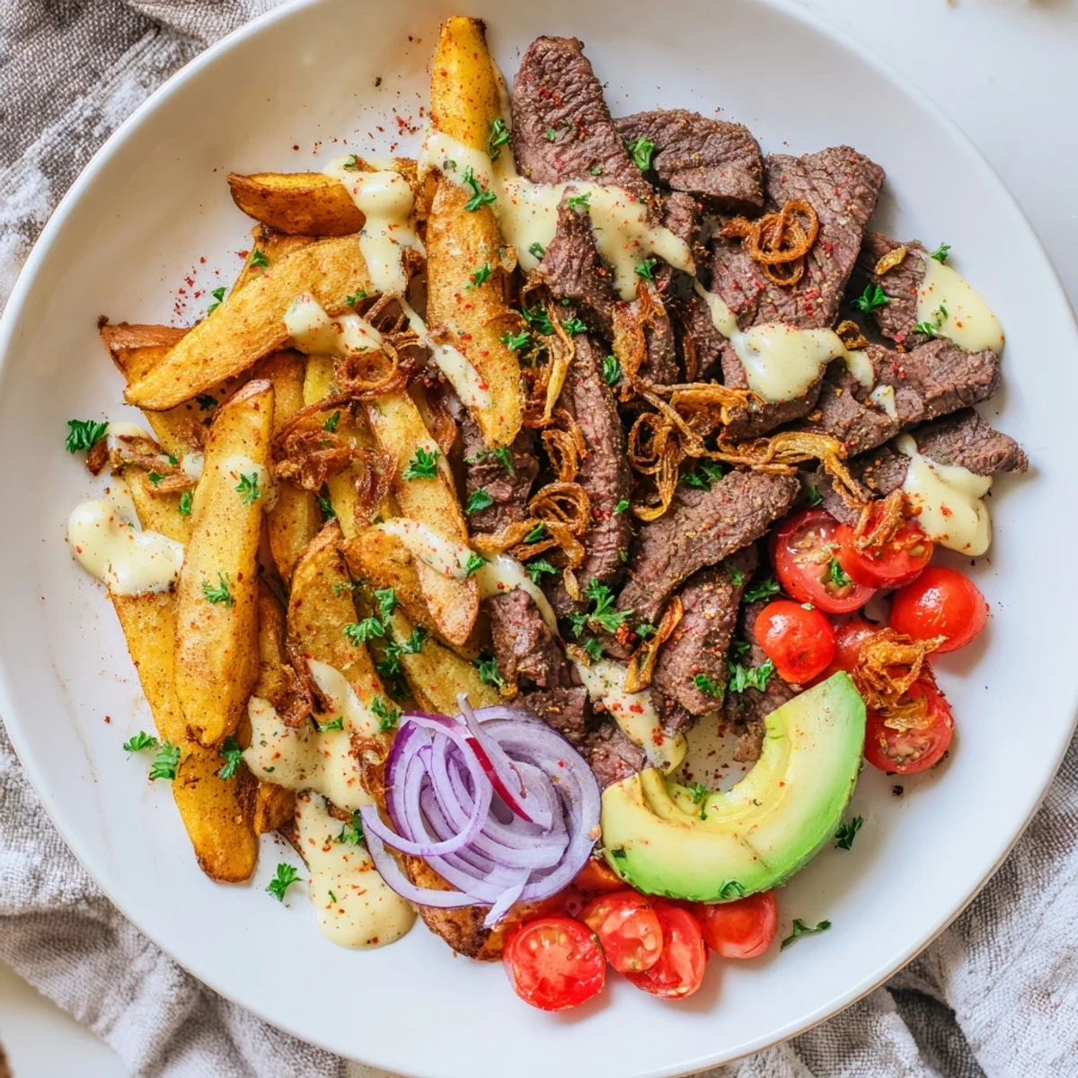Juicy steak strips and crispy fries bowl drizzled with creamy tangy sauce
