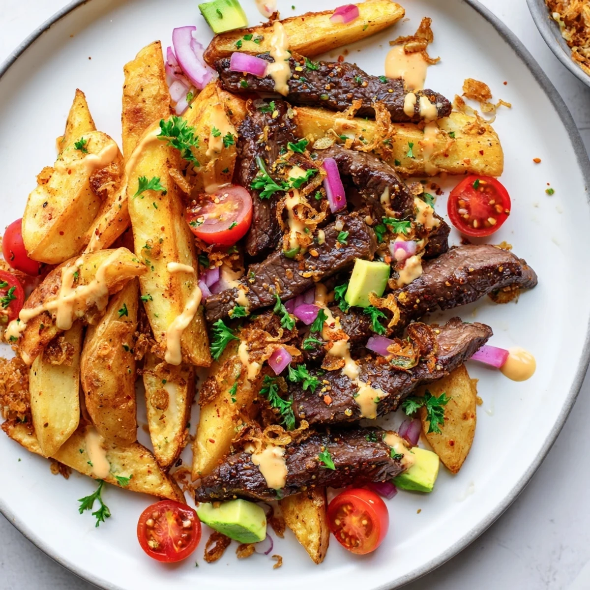 Golden smoky fries topped with seared steak strips and vibrant cherry tomatoes