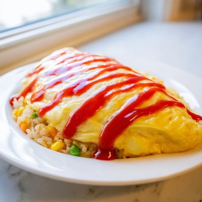 Omurice plated on a white dish topped with a zigzag of ketchup