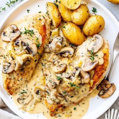Juicy Creamy Mushroom Chicken smothered in velvety sauce beside crispy roasted potatoes