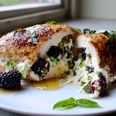 Juicy sliced Melty Blackberry Jalapeno Stuffed Chicken revealing creamy purple goat cheese filling