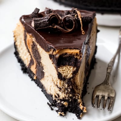 Chocolate peanut butter cheesecake topped with glossy ganache on a cookie crumb crust