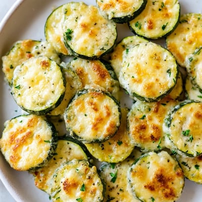 Lemon pepper and Parmesan zucchini arranged on a white plate with fresh parsley