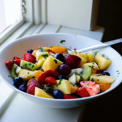 Refreshing fruit bowl drizzled with honey mint dressing in a ceramic bowl