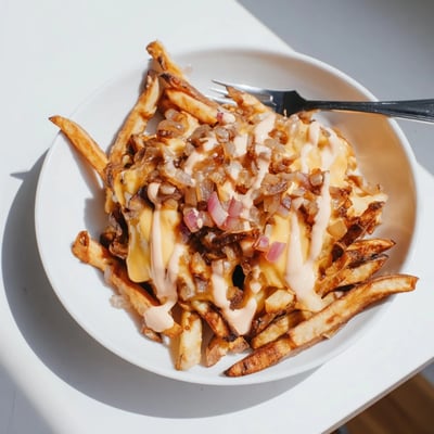 Steaming pile of In-N-Out Animal Style fries draped in gooey cheese and caramelized onions