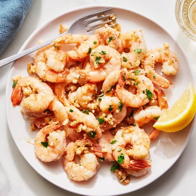 Sizzling buttered shrimp tossed with fresh parsley and served alongside lemon wedges