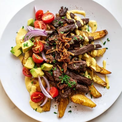 Hearty steak strips crispy fries bowl loaded with avocado and fresh vegetables
